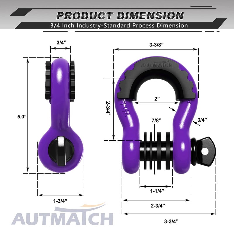 AUTMATCH D Ring تكبل 3/4 بوصة (عبوتان) - تكبل Clevis 41,887 رطل قوة كسر مع دبوس لولبي 7/8 بوصة ومجموعة غسالات عازلة لحزام السحب ونش استعادة المركبات على الطرق الوعرة، أرجواني - Image 3